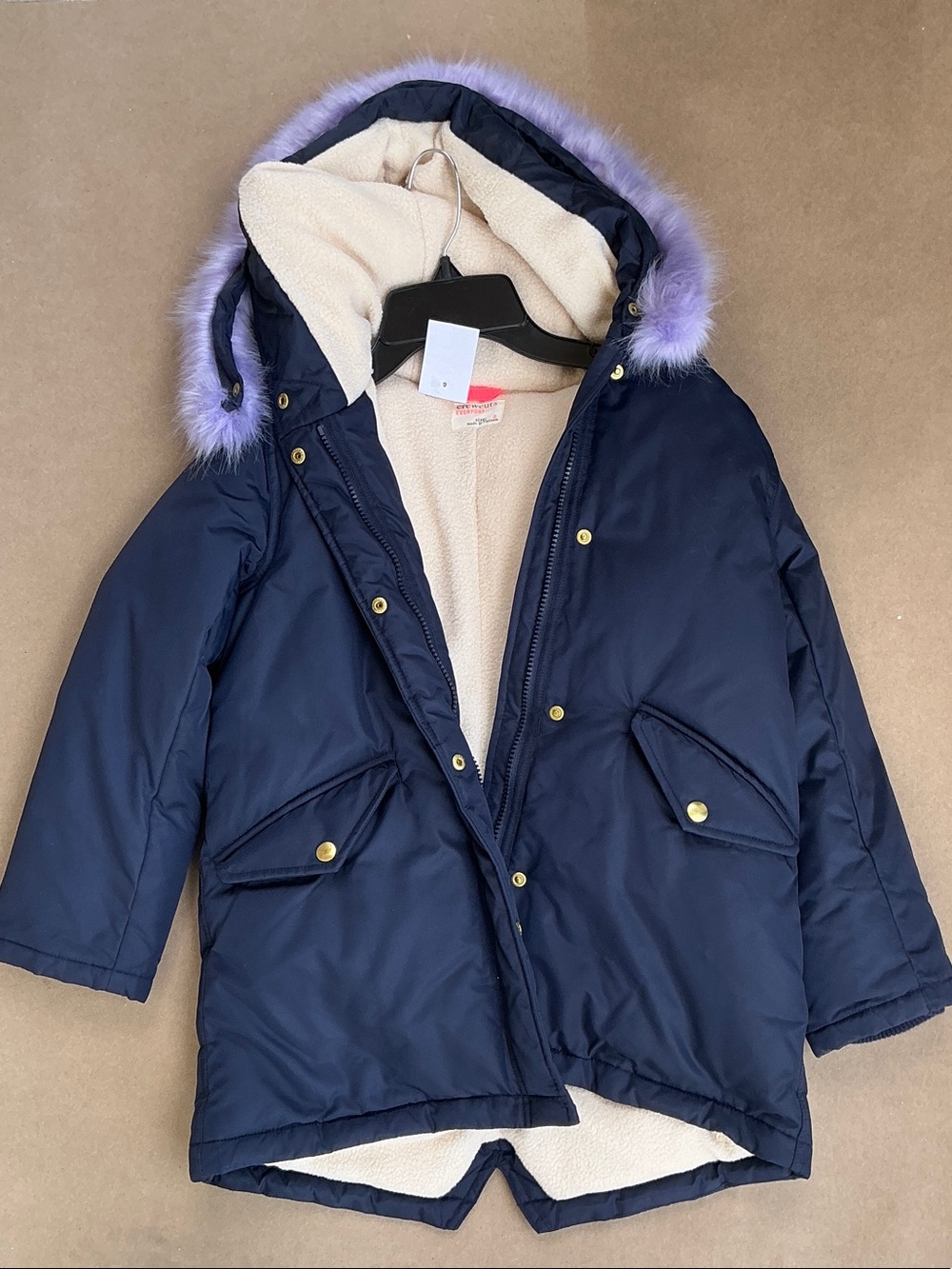 Crewcuts Kids Navy Parka with a removable Lavender Faux Fur Trim